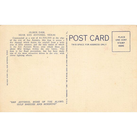 Postcard Olmos Dam by Night San Antonio Texas Vintage Linen Unposted 1930-1950 - Picture 2 of 2